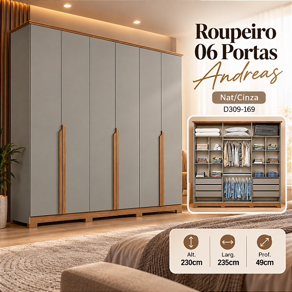 Roupeiro 235cm 06 Portas Andréas - D309-169 - Cinza / Nature - Móveis Henn