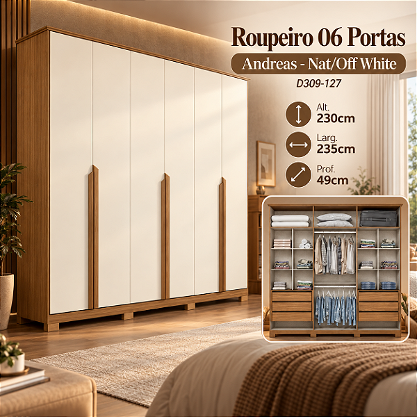 Roupeiro 235cm 06 Portas Andréas - D309-127 - Nature / Off White - Móveis Henn