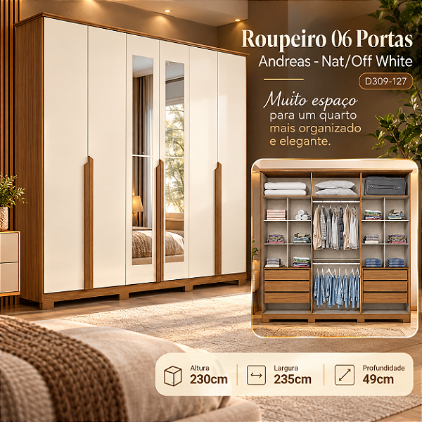 Roupeiro 235cm 06 Portas Andréas c/ Espelho - D309-127 - Nature / Off White - Móveis Henn