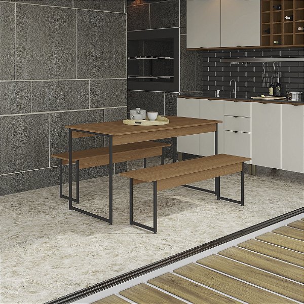 Mesa com 02 Bancos - Ref. LI013 - Canela/Preto - Linha Industrial - Kappesberg