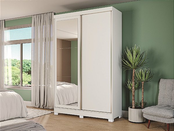 Roupeiro 02 Portas de Correr 02 Gavetas c/ Pé e Espelhos - Ref. CB01N571 - Branco/Branco-Macadamia - Kappesberg
