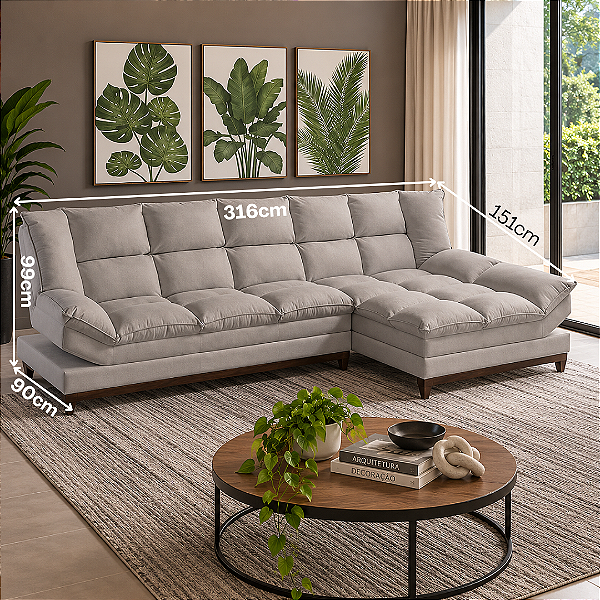 Sofá 03 lugares Azera com Chaise 316cm - Estofados Rincão