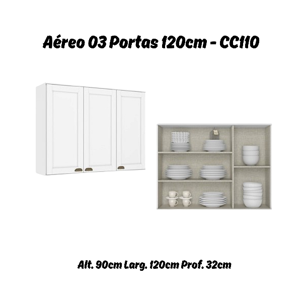 Aéreo 03 Portas 120cm 100% MDF - Ref. CC110 - Branco - Linha Classy - Thb Móveis
