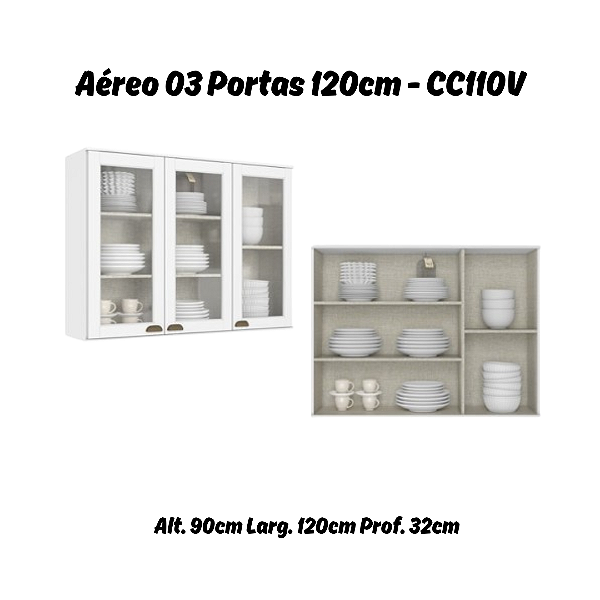 Aéreo 03 Portas Vidro 120cm 100%MDF - Ref. CC110V - Branco - Linha Classy - Thb Móveis