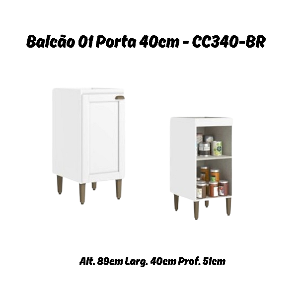 Balcão 01 Porta 40cm 100% MDF - Ref. CC340 - Branco - Linha Classy - Thb Moveis