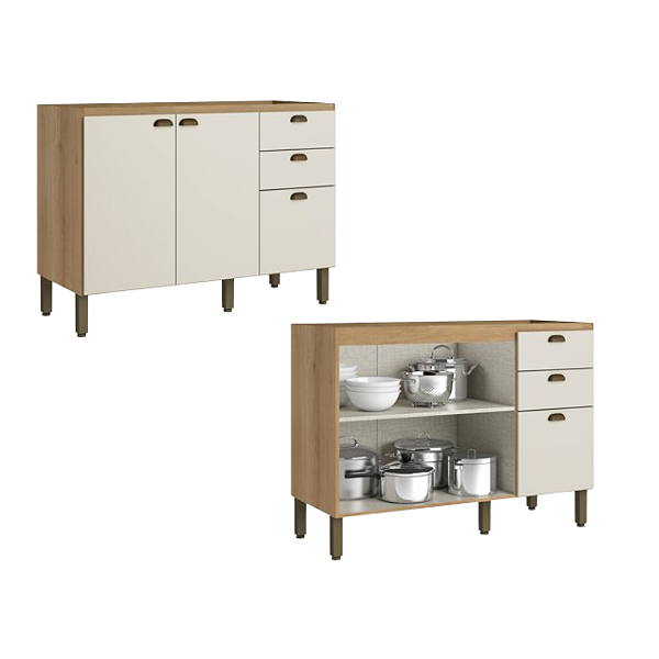 Balcão 02 Portas 03 Gavetas 120cm - CF200 - Capuccino/Off White - Linha Finesse - Thb Móveis