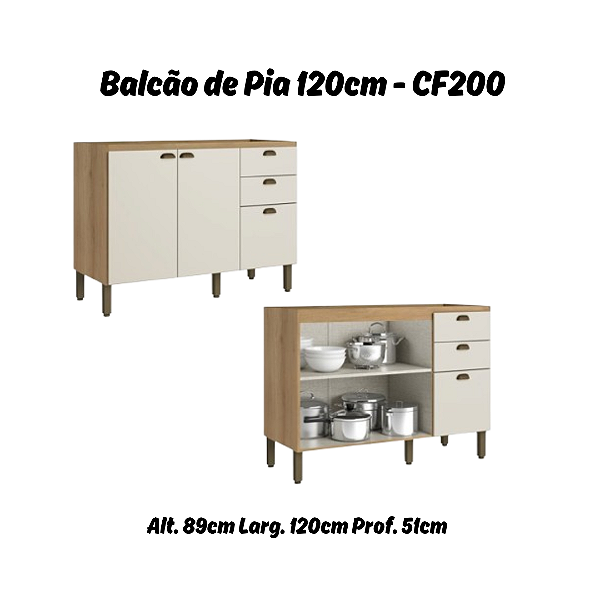 Balcão 02 Portas 03 Gavetas 120cm - Ref. CF200 - Capuccino/Off White - Linha Finesse - Thb Móveis