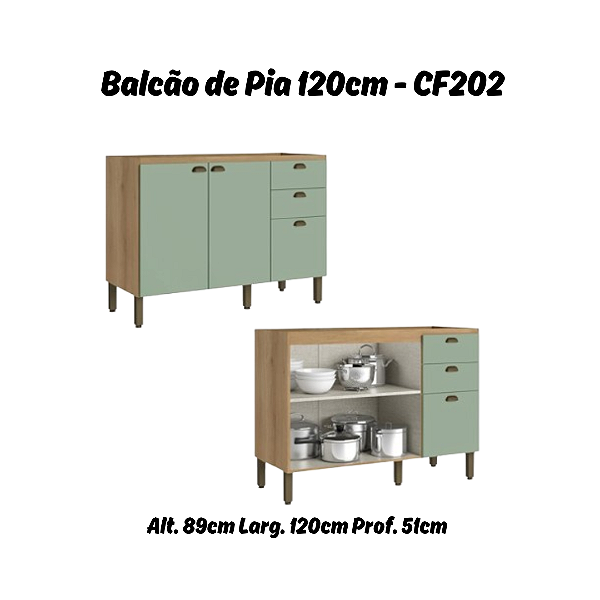 Balcão 02 Portas 03 Gavetas 120cm - Ref. CF202 - Capuccino/Menta - Linha Finesse - Thb Móveis
