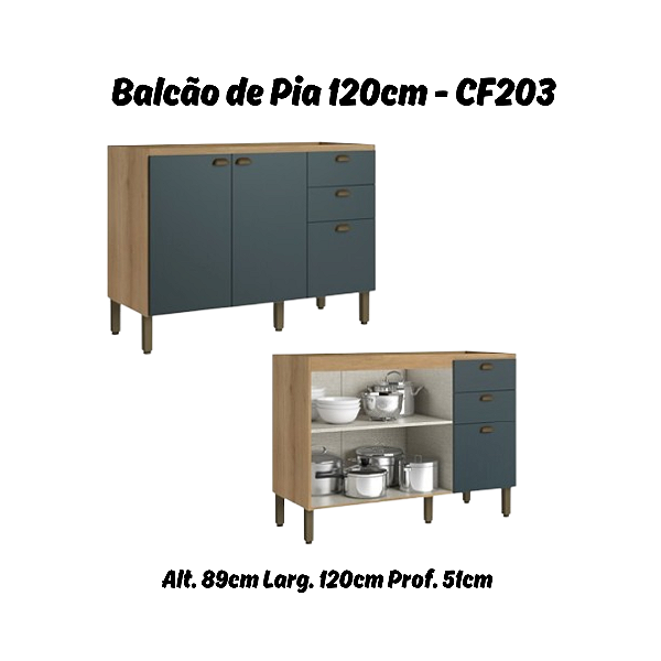 Balcão 02 Portas 03 Gavetas 120cm - Ref. CF203 - Capuccino/Azul - Linha Finesse - Thb Móveis