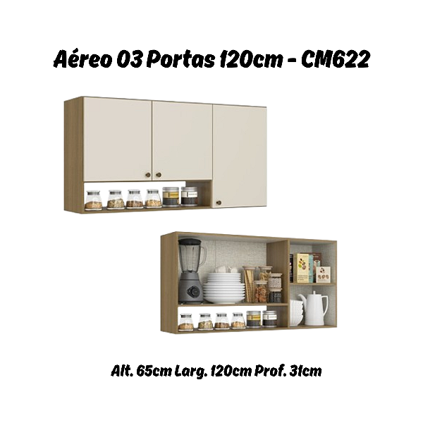 Aéreo 03 Portas 120cm - CM622 - Naturale/Off White - Linha Magnólia - Thb Móveis