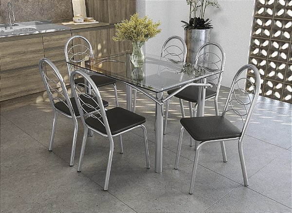 Conjunto de Mesa Elba 120 + 06 Cadeiras Holanda Cromado Estampa Preto - Kappes Crome