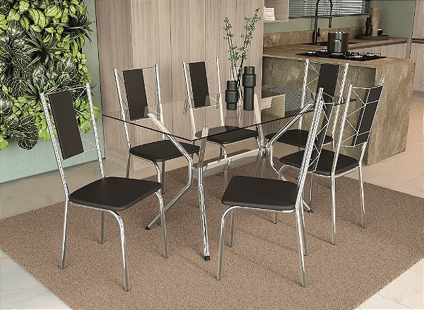 Conjunto de Mesa Loire 150 + 06 Cadeiras Lisboa Cromado Estampa Preto - Kappes Crome