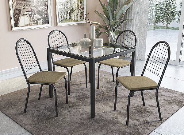 Conjunto de Mesa Reno 90 + 04 Cadeiras Noruega Preto Estampa Capuccino - Kappes Crome