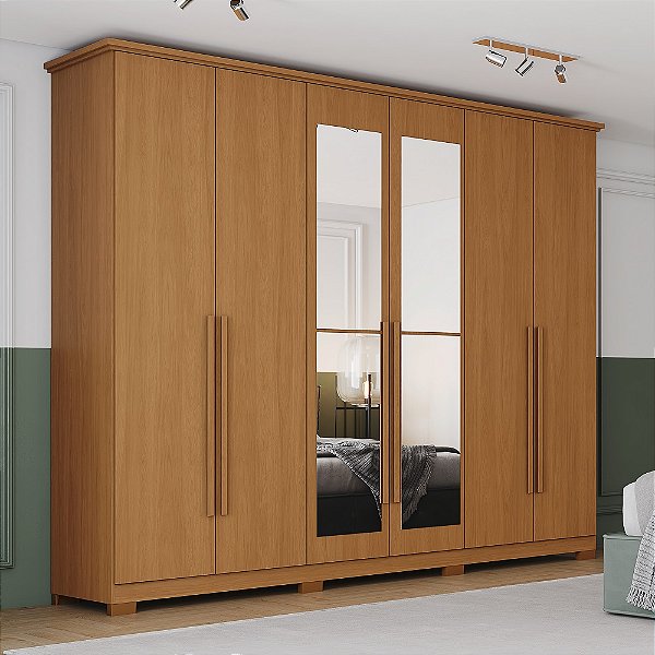 Roupeiro 06 Portas Leblon c/ Espelho - D327-214 - Cinamomo - Moveis Henn