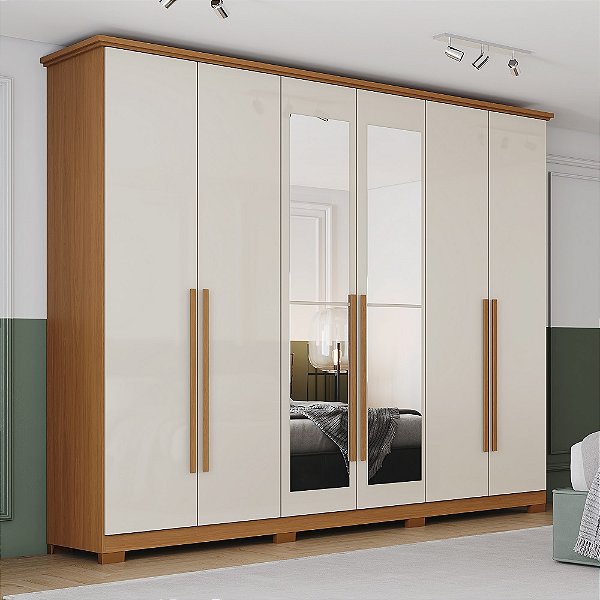 Roupeiro 06 Portas Leblon c/ Espelho - D327-221 - Cinamomo/Off White - Moveis Henn