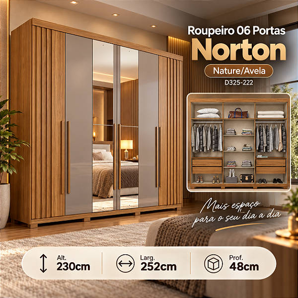 Roupeiro 252cm 06 Portas Norton c/ Espelhos - D325-222 - Nature/Avela - Moveis Henn
