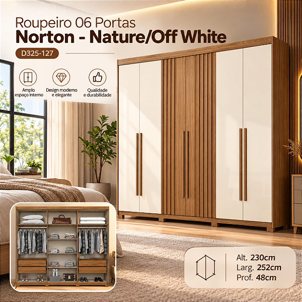 Roupeiro 252cm 06 Portas Norton - D325-127 - Nature/Off White - Moveis Henn