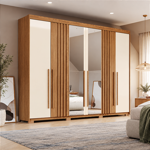 Roupeiro 252cm 06 Portas Norton c/ Espelhos - D325-127 - Nature/Off White - Moveis Henn