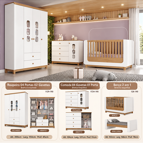 Conjunto Infantil Aconchego - Branco/Jequitibá - Móveis Henn