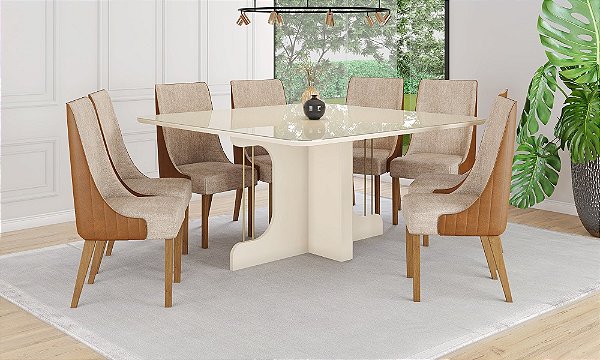 Conjunto de Mesa Mavi Quadrada 150 c/ Vidro Canto Arredondado + 08 Cadeiras Ivy - Móveis Henn