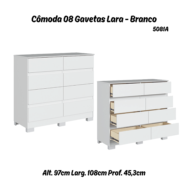 Comoda Lara 08 Gavetas - 5081A - Branco - Moveis Castro