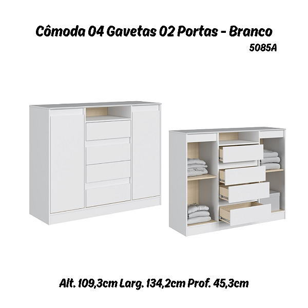 Comoda Alba 04 gavetas 02 Portas - 5085A - Branco - Moveis Castro