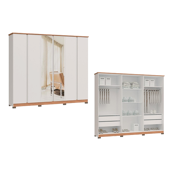 Roupeiro 06 Portas Zeus 100% MDF com Espelho - 3460M - Branco - Moveis Castro