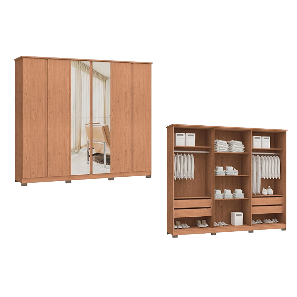 Roupeiro 06 Portas Zeus 100% MDF com Espelho - 3460M - Cedro - Moveis Castro