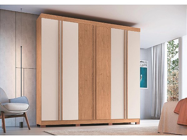 Roupeiro 06 Portas Eros 100% MDF - 3450M - Cedro/Branco - Moveis Castro