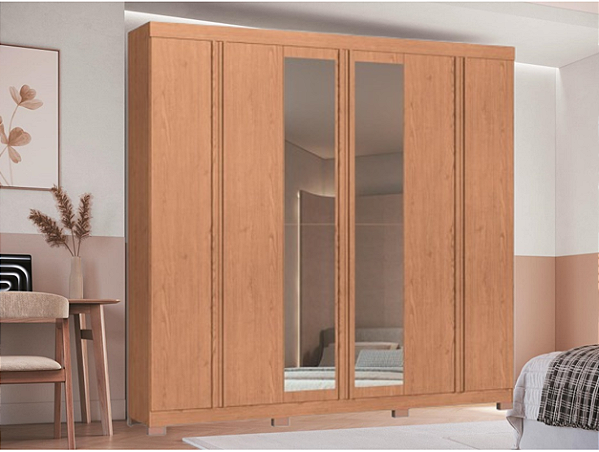 Roupeiro 06 Portas Eros 100% MDF com Espelho - 3450M - Cedro - Moveis Castro
