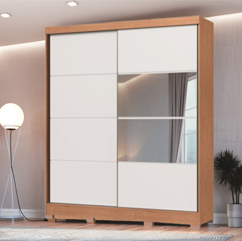 Roupeiro 02 Portas de Correr Pontal 100% MDF c/ Espelho P - 0920M - Cedro/Branco - Moveis Castro