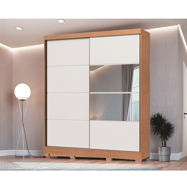 Roupeiro 02 Portas de Correr Pontal 100% MDF com Espelho - 0920M - Cedro/Branco - Moveis Castro