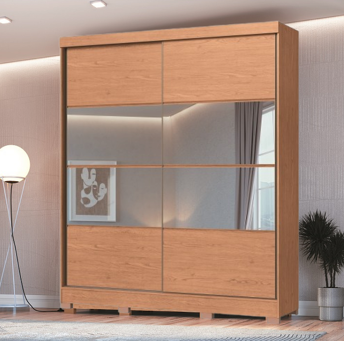 Roupeiro 02 Portas de Correr Pontal 100% MDF c/ Espelho G - 0920M - Cedro - Moveis Castro