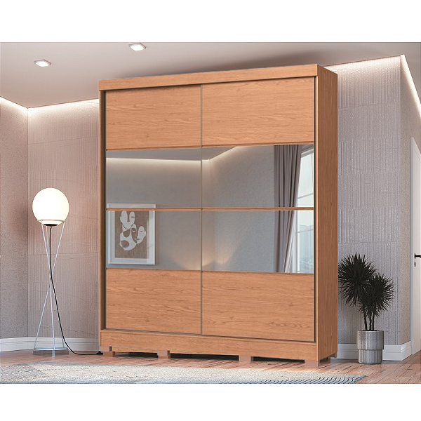 Roupeiro 02 Portas de Correr Pontal 100% MDF com Espelho - 0920M - Cedro - Moveis Castro
