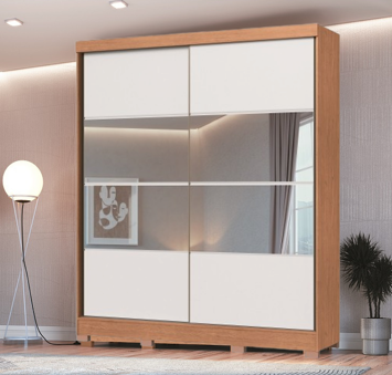 Roupeiro 02 Portas de Correr Pontal 100% MDF c/ Espelho G - 0920M - Cedro/Branco - Moveis Castro