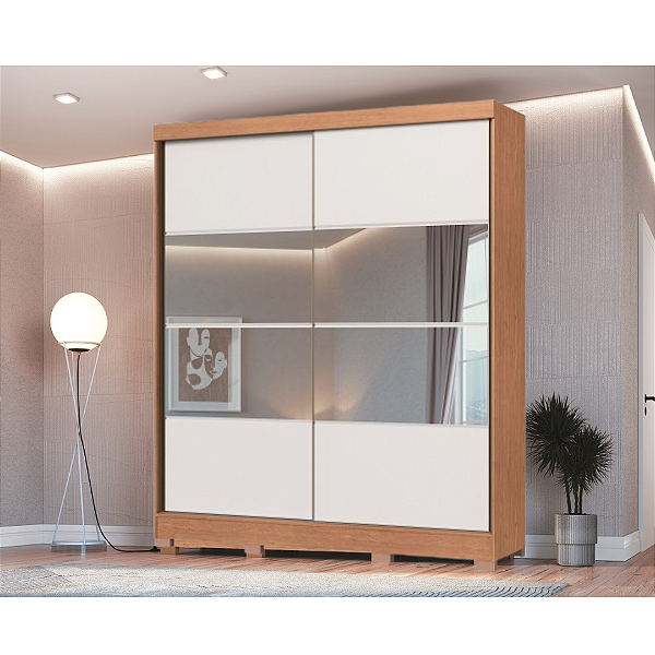 Roupeiro 02 Portas de Correr Pontal 100% MDF com Espelho - 0920M - Cedro/Branco - Moveis Castro