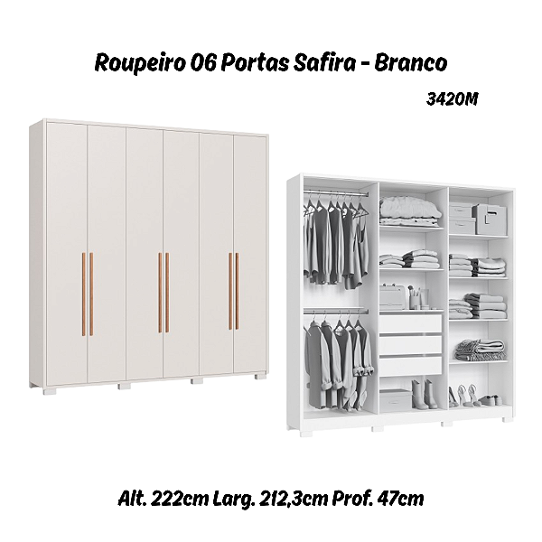 Roupeiro 06 Portas Safira 100% MDF - 3420M - Branco - Moveis Castro