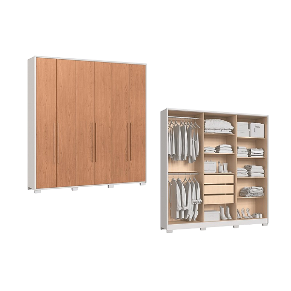 Roupeiro 06 Portas Safira 100% MDF - 3420M - Branco/Cedro - Moveis Castro