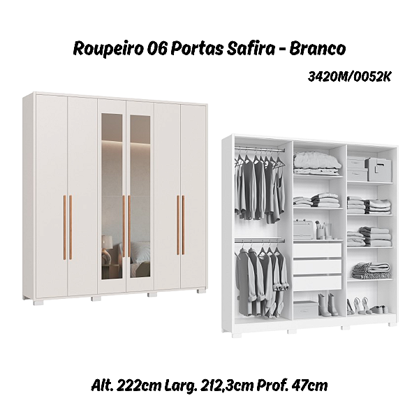 Roupeiro 06 Portas Safira 100% MDF com Espelho - 3420M - Branco - Moveis Castro