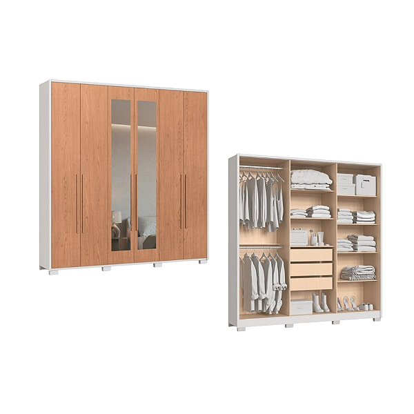 Roupeiro 06 Portas Safira 100% MDF com Espelho - 3420M - Branco/Cedro - Moveis Castro