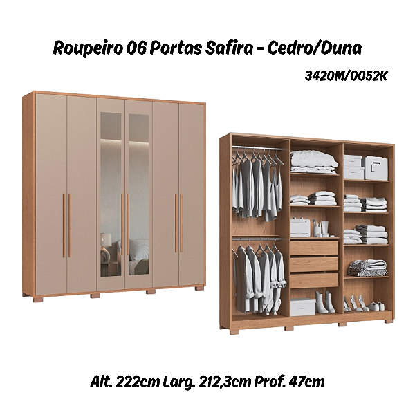 Roupeiro 06 Portas Safira 100% MDF com Espelho - 3420M - Cedro/Duna - Moveis Castro