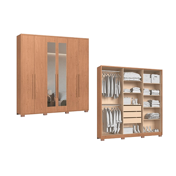 Roupeiro 06 Portas Safira 100% MDF com Espelho - 3420M - Cedroo - Moveis Castro