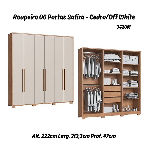 Roupeiro 06 Portas Safira 100% MDF - 3420M - Cedro/Off White - Moveis Castro