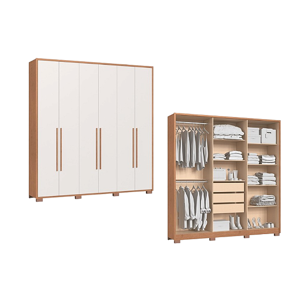 Roupeiro 06 Portas Safira 100% MDF - 3420M - Cedro/Branco - Moveis Castro