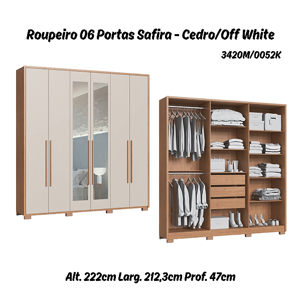 Roupeiro 06 Portas Safira 100% MDF com Espelho - 3420M - Cedro/Off White - Moveis Castro
