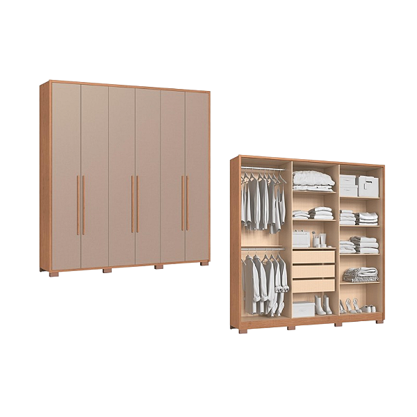 Roupeiro 06 Portas Safira 100% MDF - 3420M - Cedro/Duna - Moveis Castro