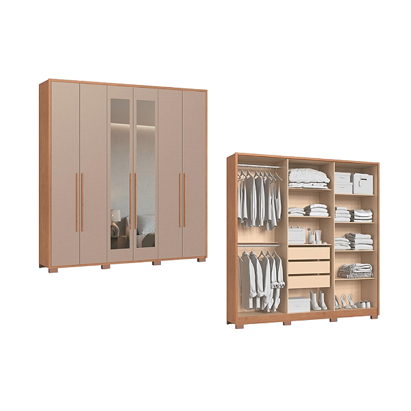 Roupeiro 06 Portas Safira 100% MDF com Espelho - 3420M - Cedro/Duna - Moveis Castro