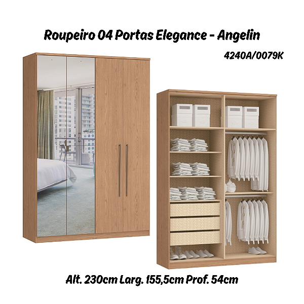 Roupeiro 04 Portas Elegance c/ 02 Portas Espelho - 4240A - Angelin - Moveis Castro