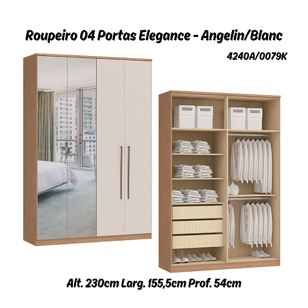 Roupeiro 04 Portas Elegance c/ 02 Portas Espelho - 4240A - Angelin/Blanc - Moveis Castro