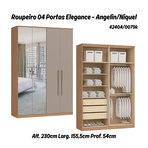 Roupeiro 04 Portas Elegance c/ 02 Portas Espelho - 4240A - Angelin/Niquel - Moveis Castro